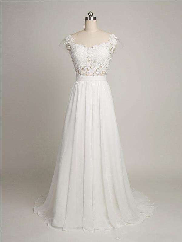 Backless See Through Cap Sleeve Lace Simple Cheap Beach Wedding Dresses, WD322 - SposaBridal