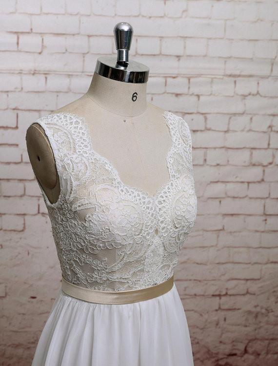 Backless V Neck Cap Sleeve Lace Simple Cheap Beach Wedding Dresses, WD323 - SposaBridal