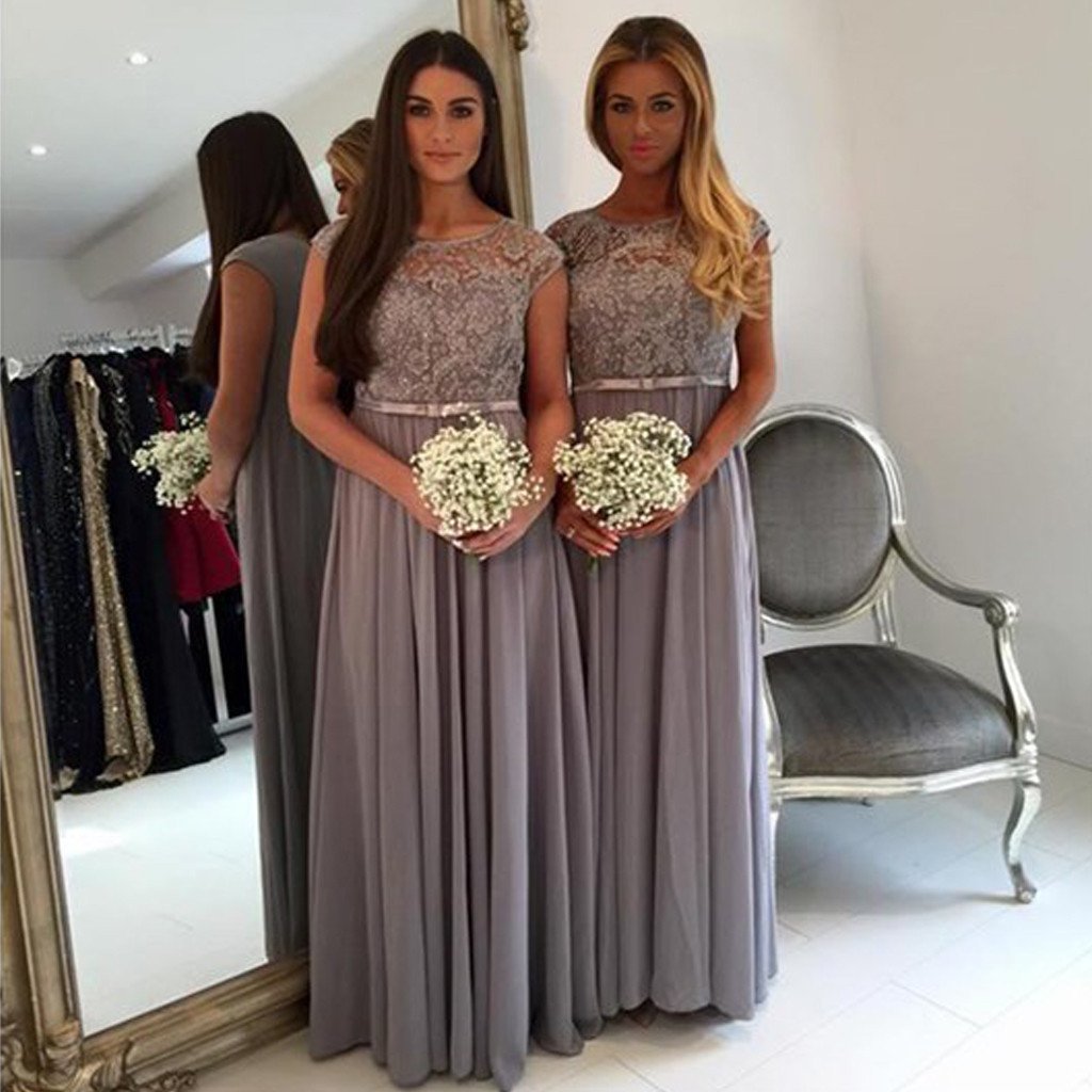 Modest Cap Sleeve Lace Grey Floor-Length Chiffon Wedding Guest Dresses, WG44