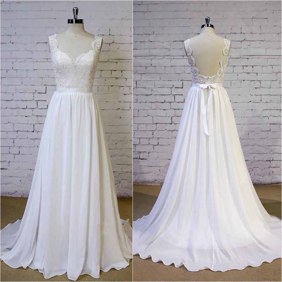 Cheap Backless V Neck Lace Straps Simple Beach Wedding Dresses, WD325 - SposaBridal