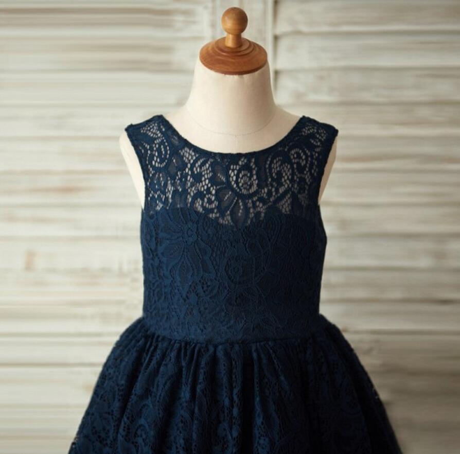 Navy Blue Lace Lovely Cute Flower Girl Dresses with bow , Junior Bridesmaid Dresses, FG084