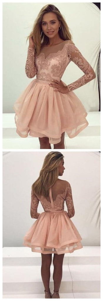 Charming Lace Long Sleeves Illusion Short Cheap Homecoming Dresses 2018, CM545 - SposaBridal