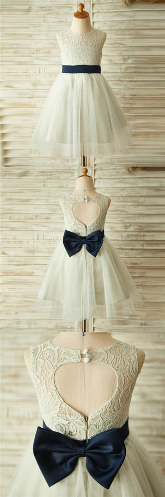 Ivory Beautiful Lace and Tulle Sleeveless Scoop Cheap Flower Girl Dresses with Bow, FG0087