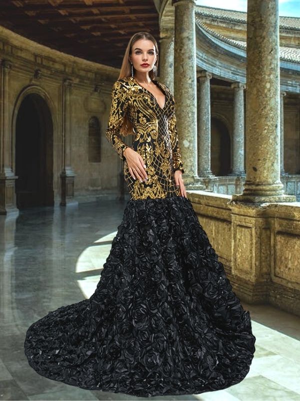 Luxurious Long Sleeves V-neck Gold Lace Black-rose Trumpet Mermaid  Long Prom Dress, PD3575