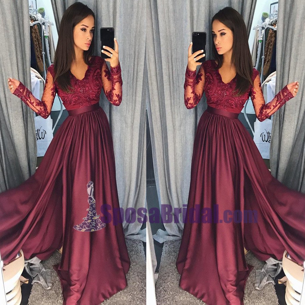 Charming Long Sleeves V neck Top Lace Chiffon Navy Grey Burgundy Prom Dresses, Evening dress, PD0668 - SposaBridal