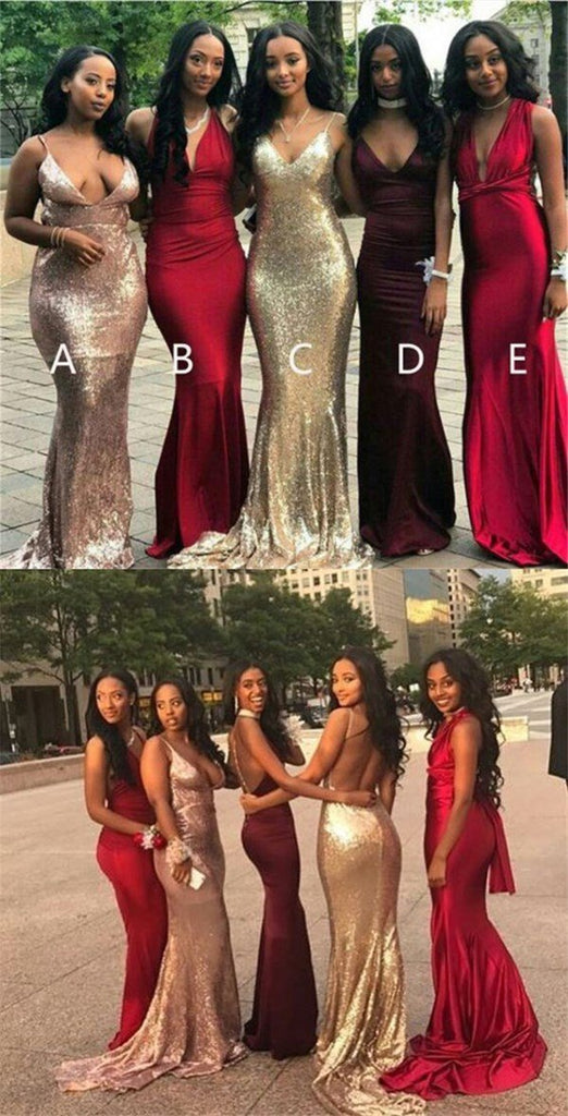 Cheap Mismatched V Neck Sexy Mermaid Bridesmaid Dresses, Popular Prom Dress, PD0369 - SposaBridal