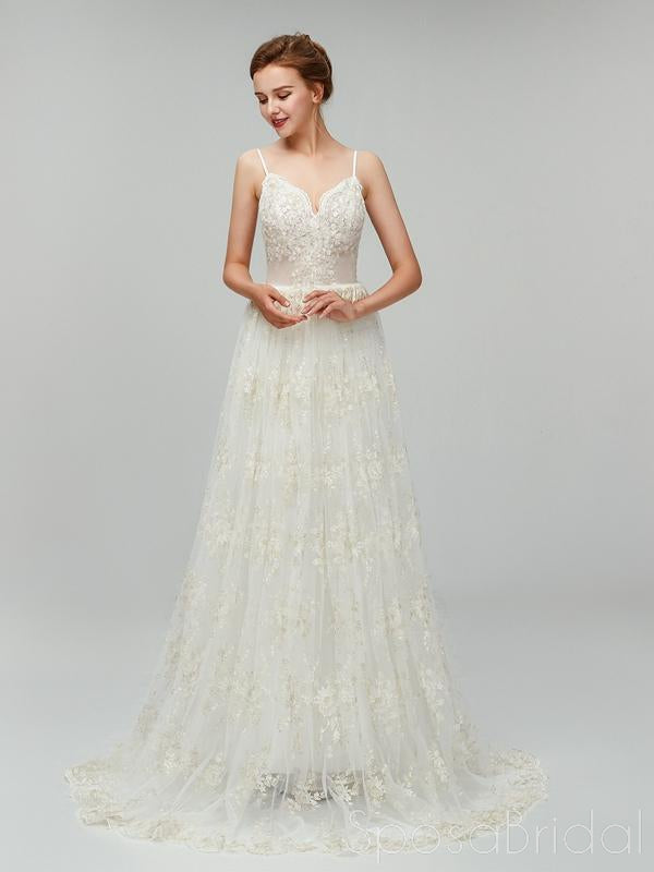Sexy Long A-line Spaghetti Strap Backless Lace Wedding Dress, WD0046