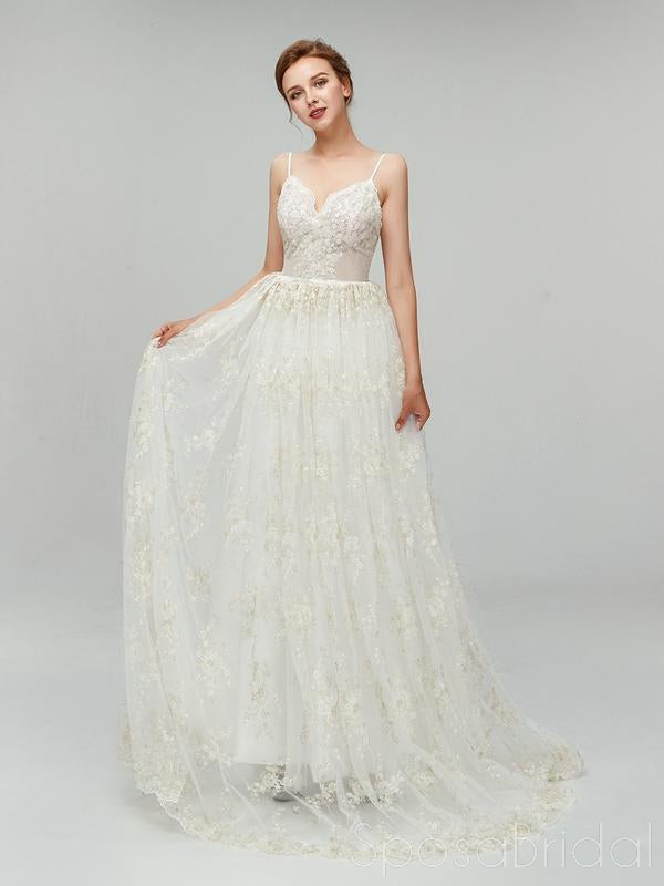 Sexy Long A-line Spaghetti Strap Backless Lace Wedding Dress, WD0046