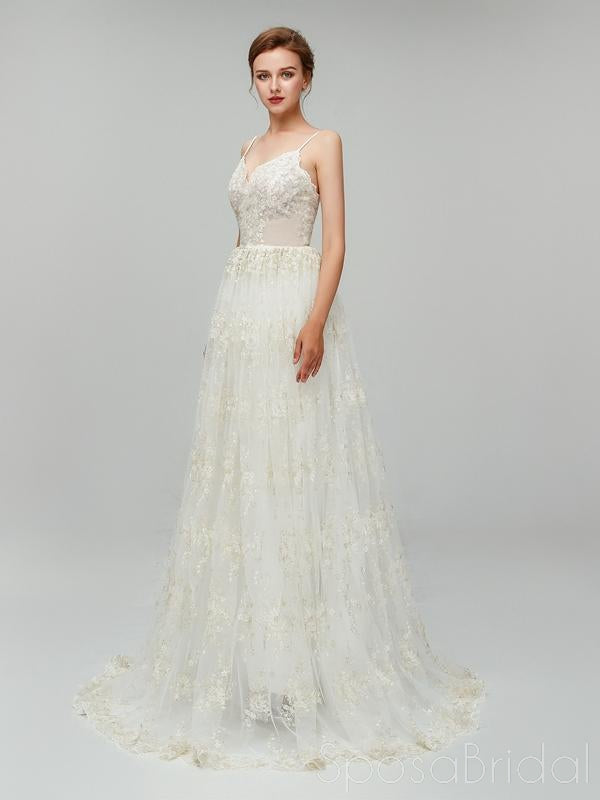 Sexy Long A-line Spaghetti Strap Backless Lace Wedding Dress, WD0046