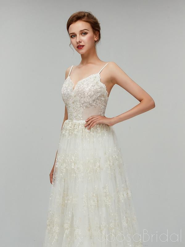 Sexy Long A-line Spaghetti Strap Backless Lace Wedding Dress, WD0046