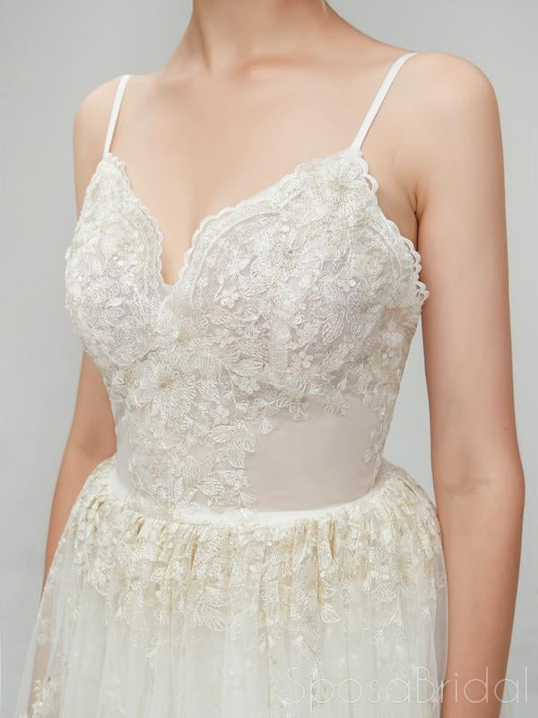 Sexy Long A-line Spaghetti Strap Backless Lace Wedding Dress, WD0046