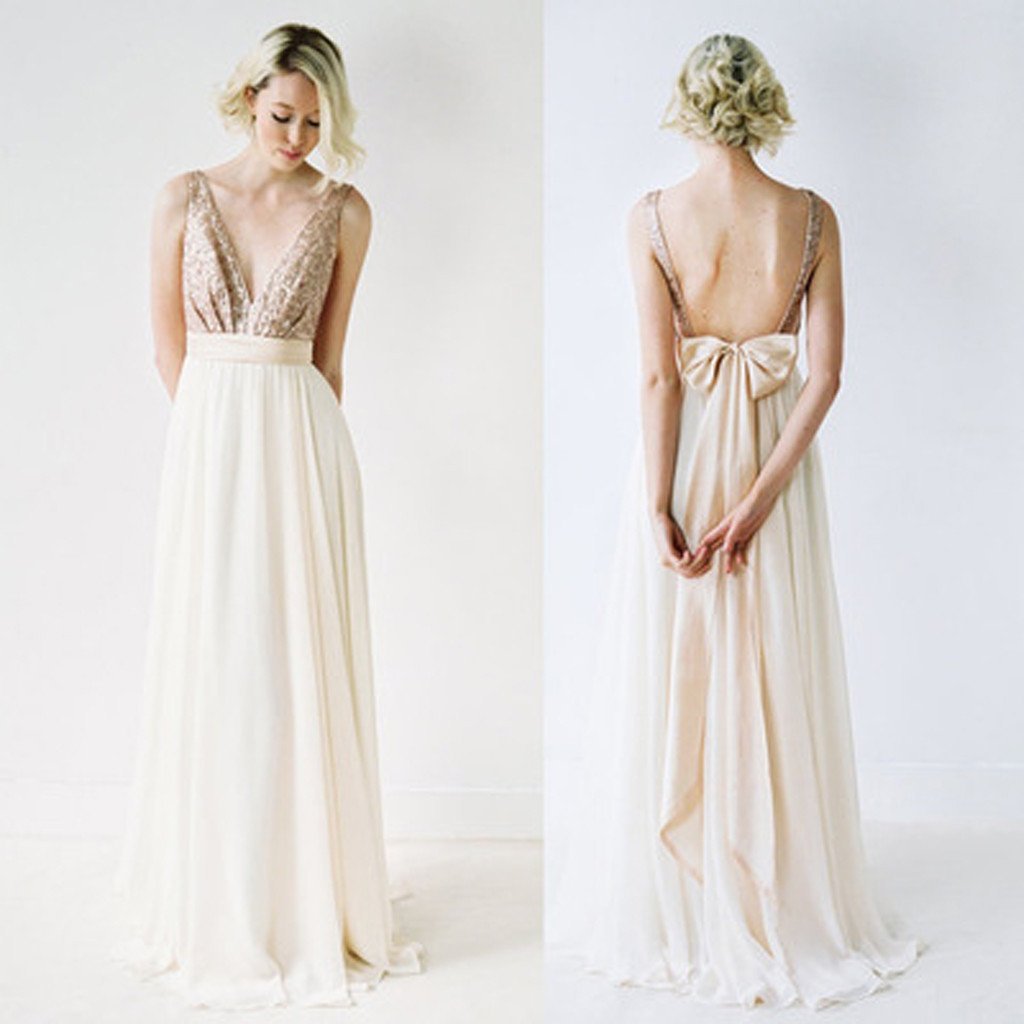 2019 Chiffon Top Sequin Prom Dress V-Neck Junior Pretty Long Bridesmaid Dresses with Bow, WG05 - SposaBridal