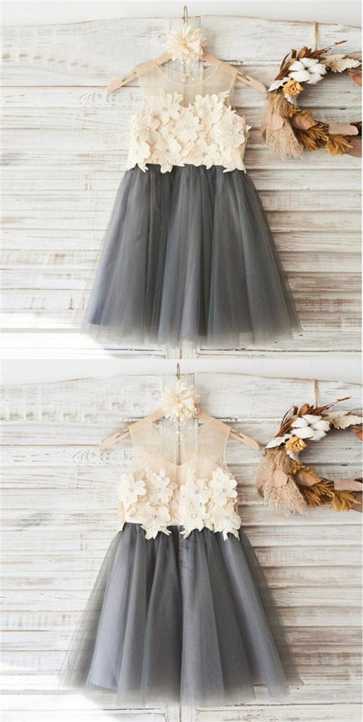 Top Lace Appliques Grey Tulle Sleeveless Cute Custom Flower Girl Dresses, Junior Bridesmaid Dresses, FG088
