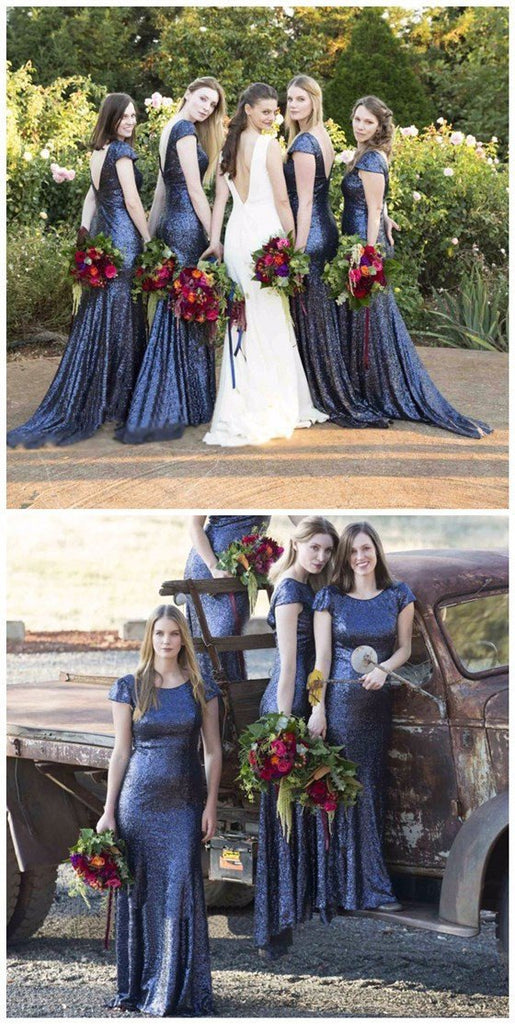 Charming Popular Cap Sleeve Round Neck Royal Blue Sequin Mermaid Long Bridesmaid Dresses, WG61 - SposaBridal