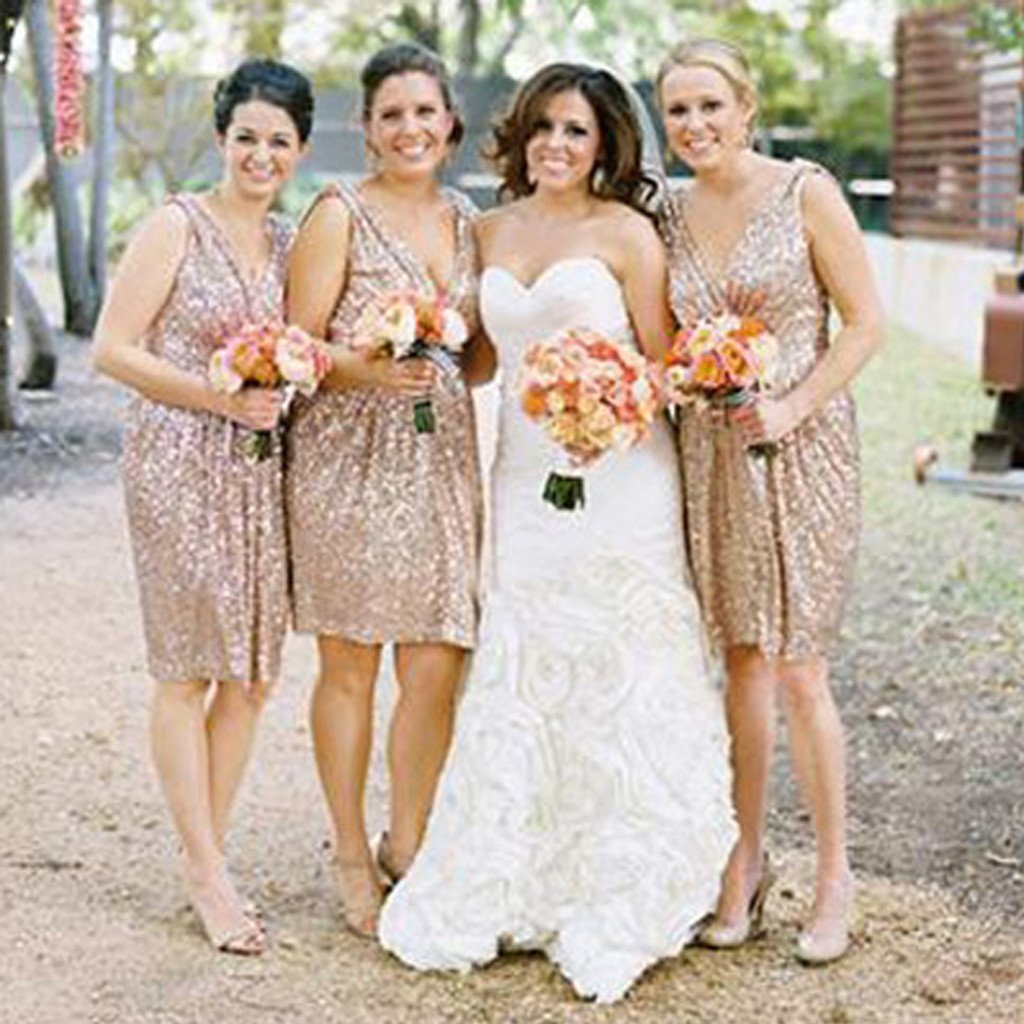 Best Sale Sequin Off Shoulder V-Neck Shinning Inexpensive Free Custom Bridesmaid Dress, WG13 - SposaBridal