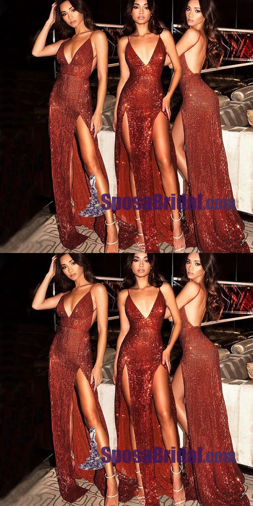 2019 Sexy Sequin Sparkly Red Split Mermaid Prom Dresses, Fashion Style, Spaghetti Straps prom dress, PD0713 - SposaBridal