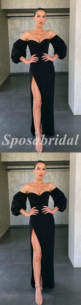 Sexy Satin Off Shoulder V-Neck Long Sleeve Side Slit Mermaid Long Prom Dresses,PD3634