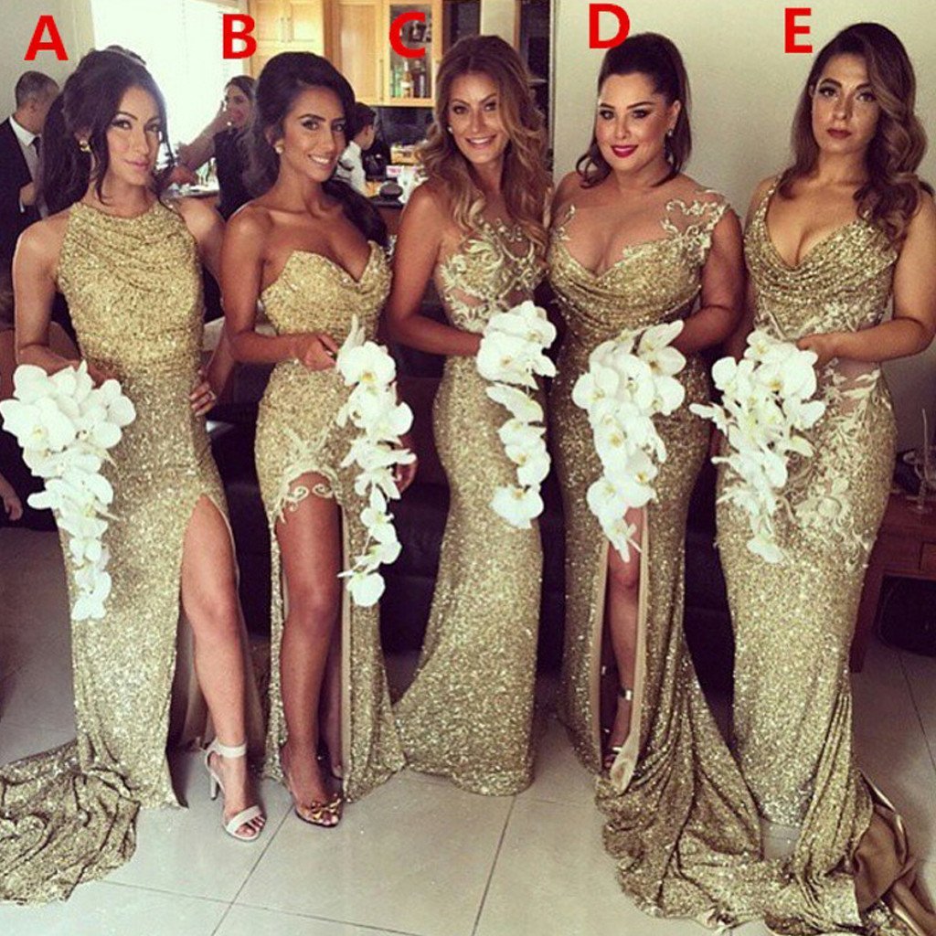 2019 Charming Most Popular Mismatched Gold  Side Split Sparkly Women Long Wedding Bridesmaid Dress, WG86 - SposaBridal