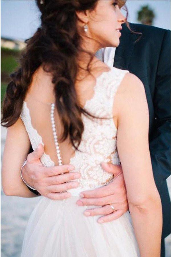 New Arrival  Beach Elegant Most Popular Lace A Line  Tulle Wedding Dress, WD0099