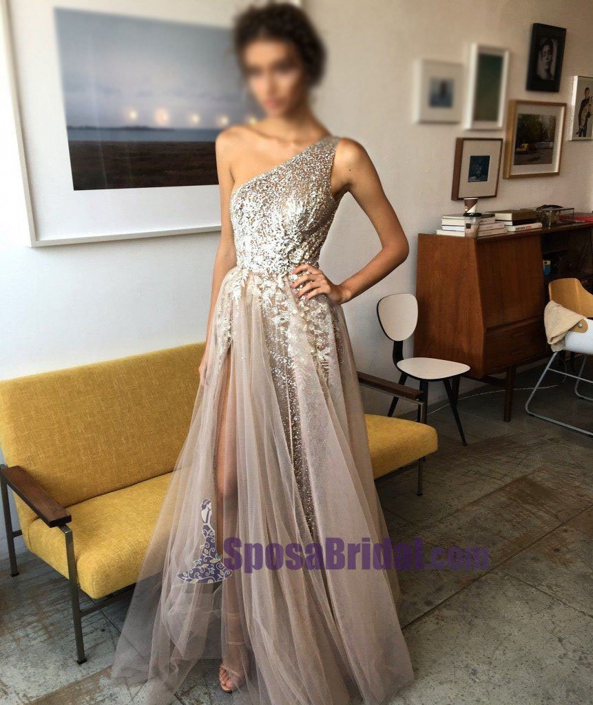 2019 One Shoulder Sparkly Side Split Elegant Modest Free Custom Prom Dresses, Fashion Prom dress, PD0686 - SposaBridal