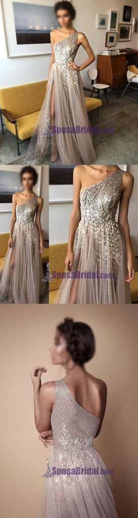 2019 One Shoulder Sparkly Side Split Elegant Modest Free Custom Prom Dresses, Fashion Prom dress, PD0686 - SposaBridal
