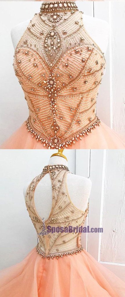 Halter High Neck Long Prom Gown, Beaded Open Back Elegant Formal Prom Dresses, PD0636
