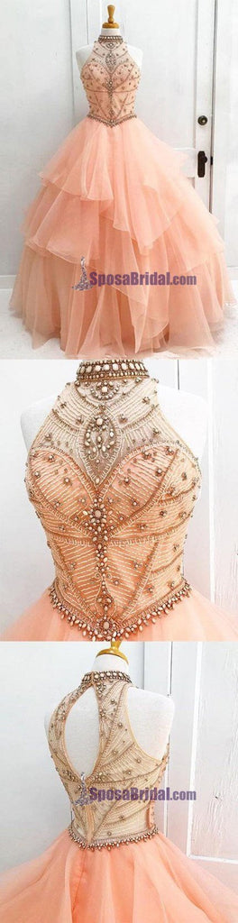 Halter High Neck Long Prom Gown, Beaded Open Back Elegant Formal Prom Dresses, PD0636