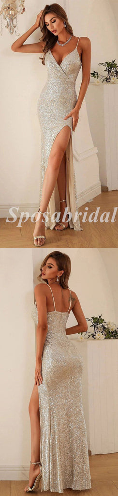 Sexy Sequin Spaghetti Straps V-Neck Sleeveless Side Slit Mermaid Long Prom Dresses, PD3588