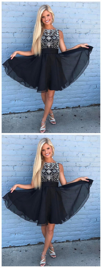 Cute Rhinestone Beaded Chiffon Short Black Homecoming Dresses, CM492