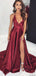 A-Line Cheap Burgundy Side Slit Spaghetti Straps Simple Long Prom Dresses PD1511