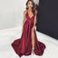 A-Line Cheap Burgundy Side Slit Spaghetti Straps Simple Long Prom Dresses PD1511