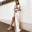 A-Line Deep V-Neck Cheap Modest Satin Evening Prom Dress with Split, PD0909