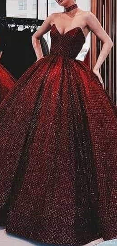 Burgundy A-Line Sparkly Strapless Modest Long Prom Dresses, Ball Gown, PD1156