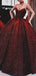 Burgundy A-Line Sparkly Strapless Modest Long Prom Dresses, Ball Gown, PD1156