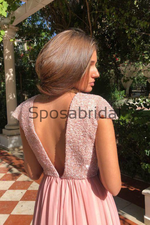 A-Line Pink Cap Sleeves Chiffon Popular Sexy Evening Elegant Prom Dresses PD2293