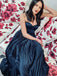 A-Line Sweetheart Spaghetti Straps Pleated Navy Blue Satin Prom Party Dresses, PD0950