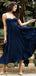 A-Line Sweetheart Spaghetti Straps Pleated Navy Blue Satin Prom Party Dresses, PD0950