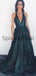 A-Line V-Neck Dark Green Sequin Elegant Formal Long Prom Dresses PD2192