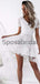 A-Line V-Neck Short Sleeves White Lace Hi-Lo Homecoming Dresses BD0437