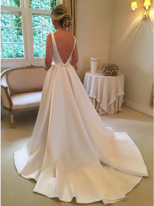 A-Line Bateau Backless Sweep Train White Satin Wedding Dress with Sash, Unique Design Bridal Gown, WD0035 - SposaBridal