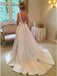 A-Line Bateau Backless Sweep Train White Satin Wedding Dress with Sash, Unique Design Bridal Gown, WD0035 - SposaBridal