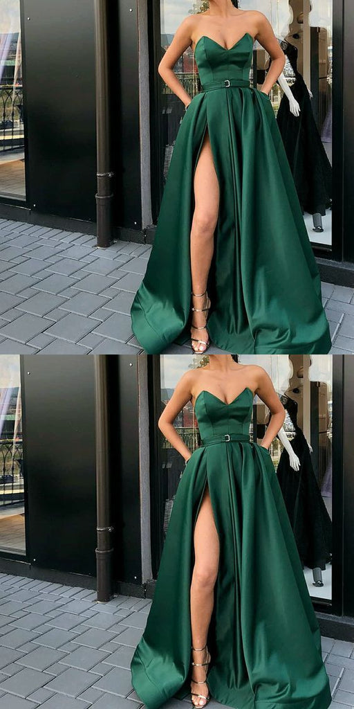 A-Line Best Sale Popular Sweetheart  Split Front Dark Green Long Prom Dresses with Belt Pockets, PD0938 - SposaBridal