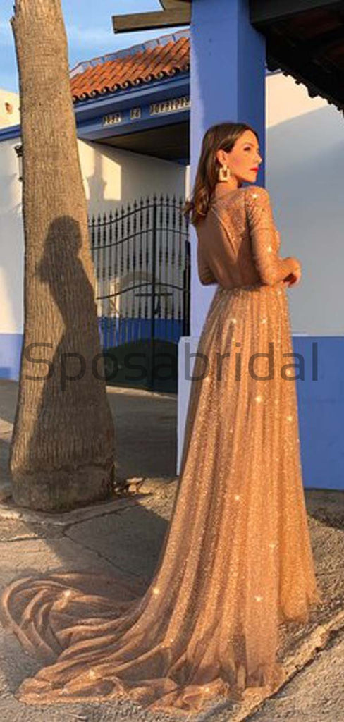 A-Line Champage Sequin Tulle V-Neck Sparkly Stunning Long Prom Dresses PD1966