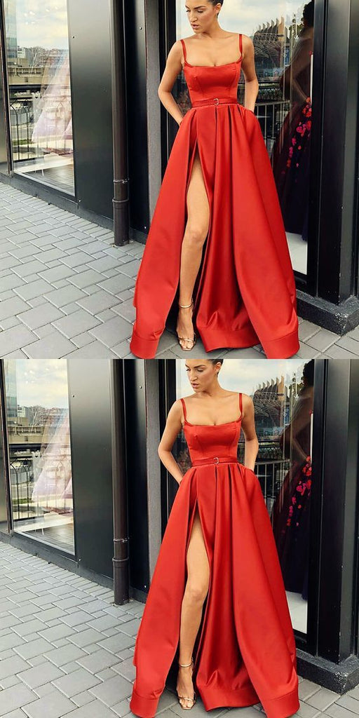 A-Line Custom Elegant Spaghetti Straps  Sweep Train Split Front Red Prom Dresses with Belt, PD0940 - SposaBridal