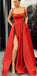 A-Line Custom Elegant Spaghetti Straps  Sweep Train Split Front Red Prom Dresses with Belt, PD0940 - SposaBridal