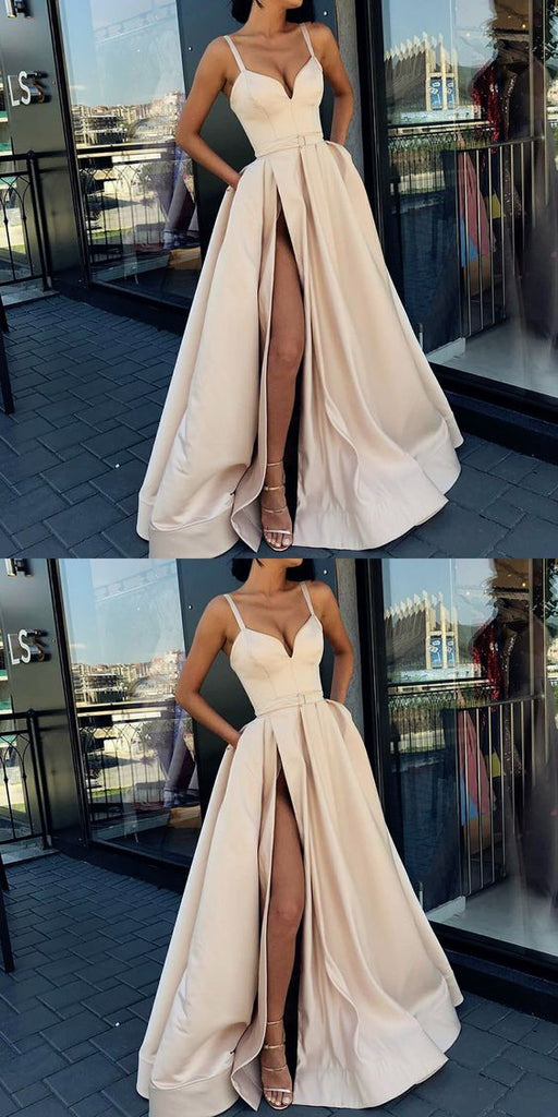 A-Line Formal Custom Spaghetti Straps Sweep Train Split Front Prom Dresses with Belt, PD0943 - SposaBridal