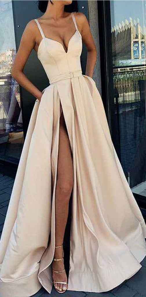 A-Line Formal Custom Spaghetti Straps Sweep Train Split Front Prom Dresses with Belt, PD0943 - SposaBridal