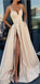 A-Line Formal Custom Spaghetti Straps Sweep Train Split Front Prom Dresses with Belt, PD0943 - SposaBridal