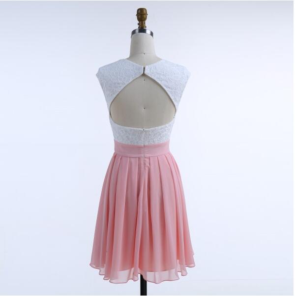 Freshman A-Line Cap Sleeves Open Back Pink Top Lace Short Homecoming Dresses, BD0252