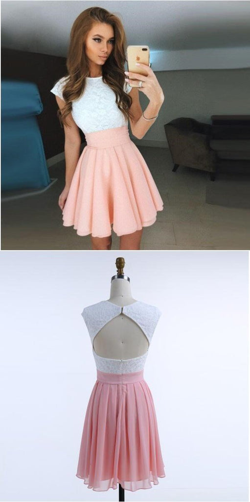 Freshman A-Line Cap Sleeves Open Back Pink Top Lace Short Homecoming Dresses, BD0252